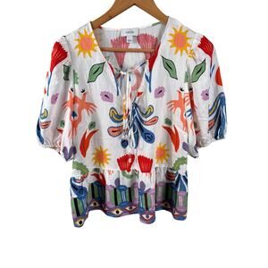 Cece Blouse Women's Size Small Colorful Vibrant Floral V-Neck Drawstring Summer
